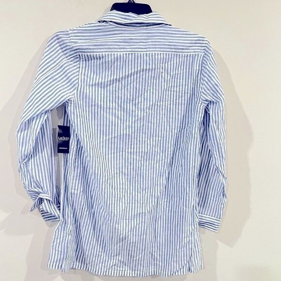 LAUREN Ralph Camp Shirt swim cover up Striped Cotton Button Down Top Blue MD - Picture 12 of 14